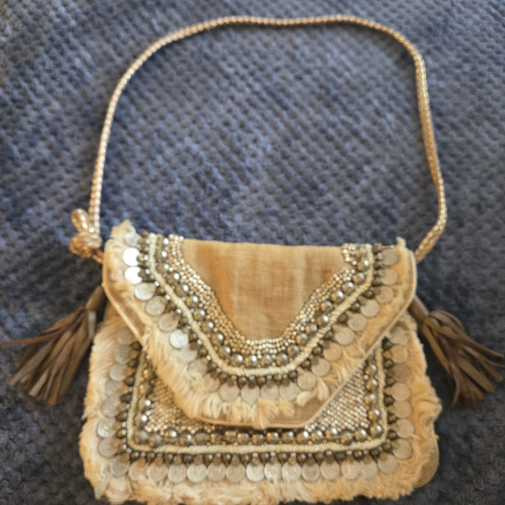 Shashi Elegant Beaded Tan Shoulder Bag